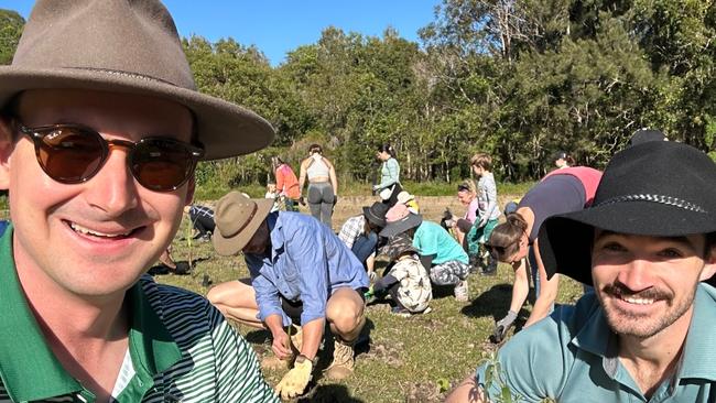 Bonney MP Sam O'Connor and Ryan Bayldon-Lumsden, out doing volunteer community tree planting, before the councillor's arrest.