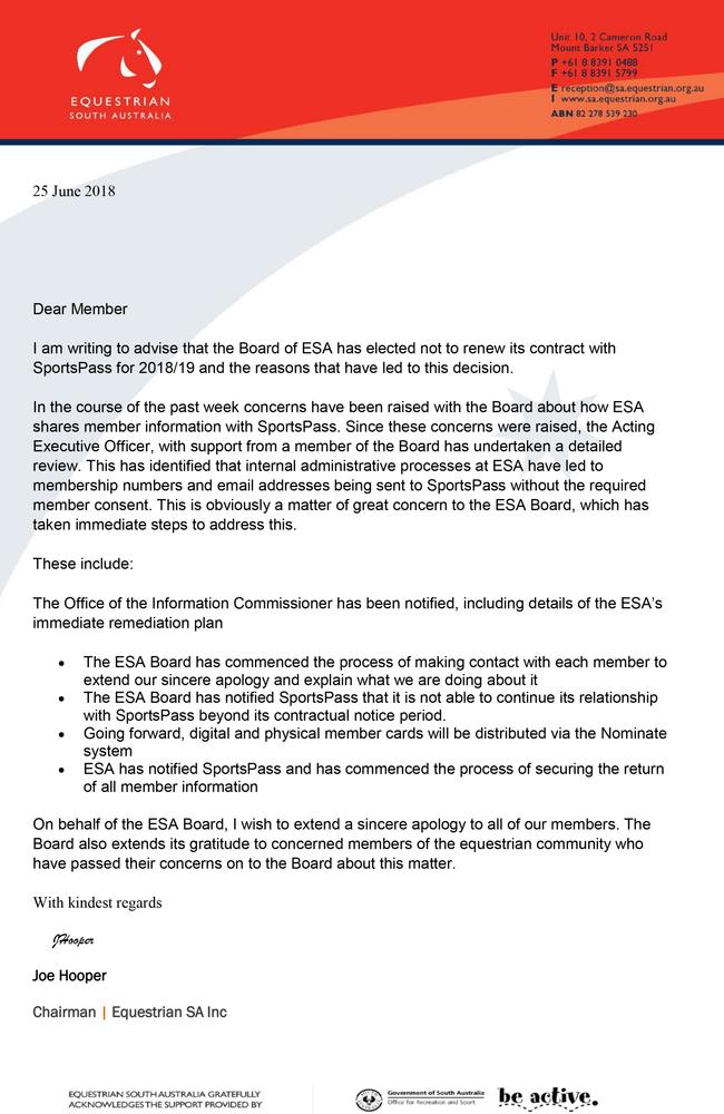 The letter from Equestrian SA from Chairman Joe Hooper to members.