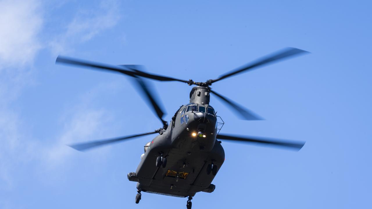 A Chinook helicopter during the flyover at the Anzac Day Toowoomba mid-morning Service of Remembrance at the Mothers' Memorial, Tuesday, April 25, 2023. Picture: Kevin Farmer