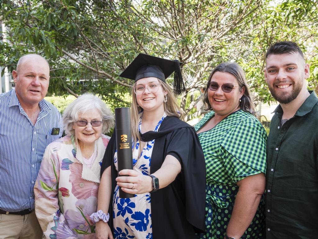 Bachelor of Nursing graduate Ellen Knight with family (from left) Bernard Knight, Merilyn Knight, Lisa Knight and Joshua Smith at a UniSQ graduation ceremony at Empire Theatres, Tuesday, October 31, 2023. Picture: Kevin Farmer