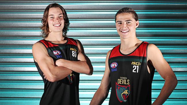 Tasmanian Devils Sam Collins, left, and Ollie Davis are two of the five Devils named in the 2020 Allies squad. Picture: LUKE BOWDEN