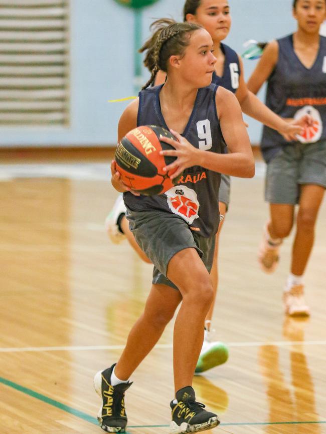 Shakaila Gardiner-Dunn’s constant running up and down the court helped Gakkinga win the inaugural girls’ Indigenous Community Basketball League at Marrara. Picture: Glenn Campbell