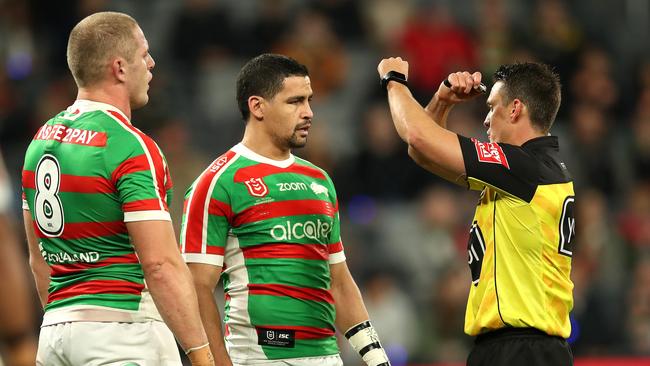 Rabbitoh's George Burgess on report for eye gauge on Tiger's Robbie Farah during NRL match Wests Tigers v South Sydney Rabbitohs at Bankwest Stadium. Picture. Phil Hillyard