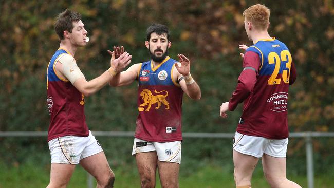 Alex Colaidis celebrates a goal for South Morang. Picture: Hamish Blair