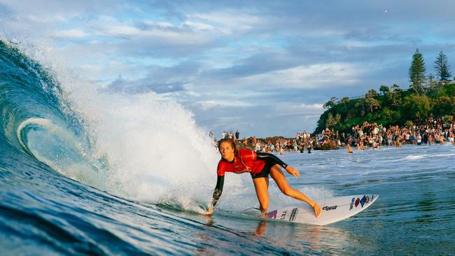 Stephanie Gilmore carves it up at the Snapper Rocks ‘world champs’ heat after day one of the Bonsoy Gold Coast Pro. Picture: Andrew Shield/World Surf League