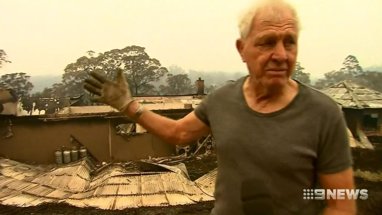 Ron Coote in front of his destroyed home. Photo: Channel 9 news