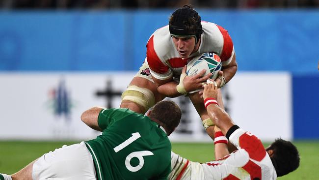 Lock James Moore (c) has given the Japan pack a little bit of Aussie flavour. Picture: AFP