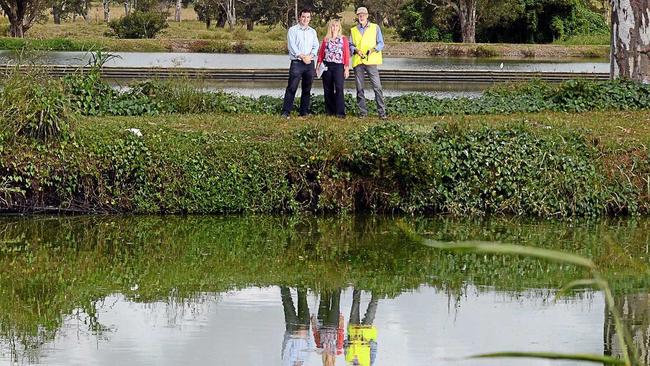 LCC Water and Wastewater manager Matt Torr, LCC Environmental Strategies Officer Sharyn Hunnisett and council consultant Michael Qualmann at East Lismore Sewage Treatment Plant where a community funded floating solar project will be placed. Picture: Cathy Adams