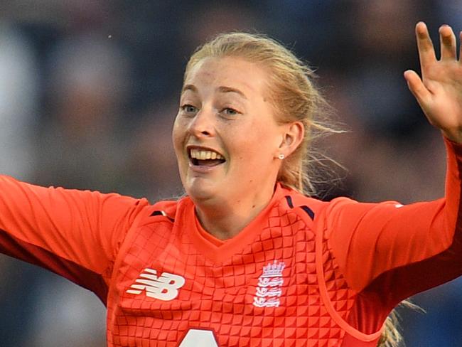 BRISTOL, ENGLAND - JULY 31: Sophie Ecclestone of England celebrates after taking the wicket of Meg Lanning of Australia during the 3rd Vitality Women's IT20 match between England and Australia at The County Ground on July 31, 2019 in Bristol, England. (Photo by Harry Trump/Getty Images)