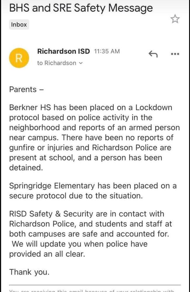 Parents received an email alerting them the school was on lockdown. Picture: Twitter/ @NicoleDarrian.