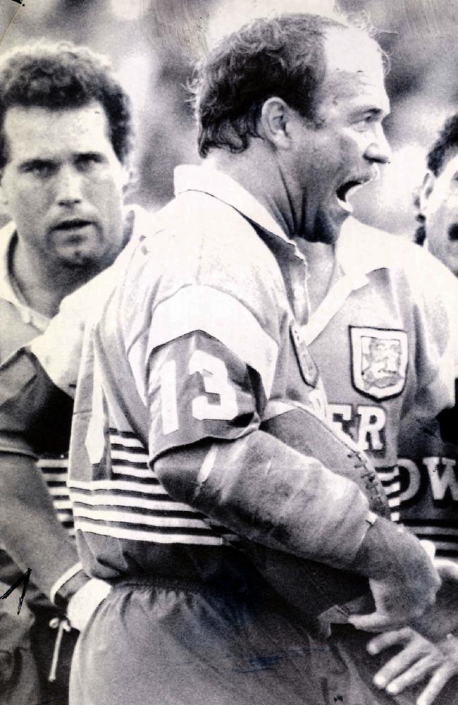 Wally Lewis playing for the Brisbane Broncos with a broken arm. Picture: Supplied.