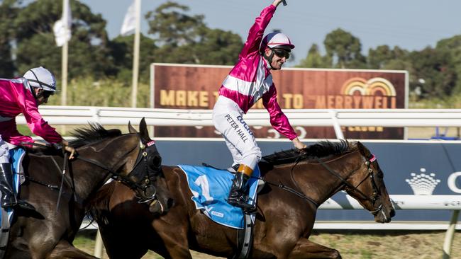 Perth Cup 2016 : Jockey Peter Hall steers Delicacy to the G1X.com.au - Perth Cup win, ahead of favourite Neverland (ridden by William Pike)