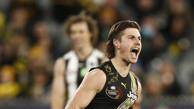 Forward-turned-defender Liam Baker has played in two premierships and looks to be a star of the future for the Tigers as one of their many rookie draft success stories.