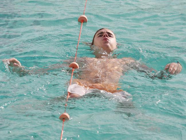 Justin Bieber spotted swimming at Bondi Iceberg in Sydney. Picture: KHAPGG/Matrix