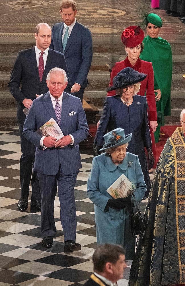 Tensions were high at Harry and Meghan (back) with the royal family in one of their last public appearances before Megxit last year. Picture: AFP