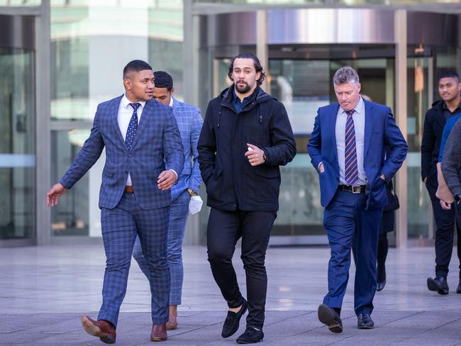 Manase Fainu (L) and Josh Aloiai (Second from the left) arrive at the Parramatta Courts. Picture: NCA NewsWire / Christian Gilles