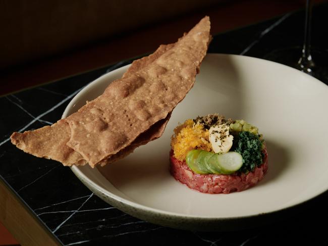 Rangers Valley beef tartare, mustard, caper, eschalot, rye crisp. Photo: Kristoffer Paulsen/Supplied