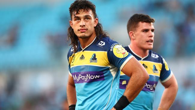 Tino Fa'asuamaleaui of the Titans looks on during the round 20 NRL match between the Gold Coast Titans and the Canberra Raiders at Cbus Super Stadium, on July 30, 2022, in Gold Coast, Australia. (Photo by Chris Hyde/Getty Images)
