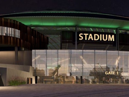 Macquarie Point Stadium at night.