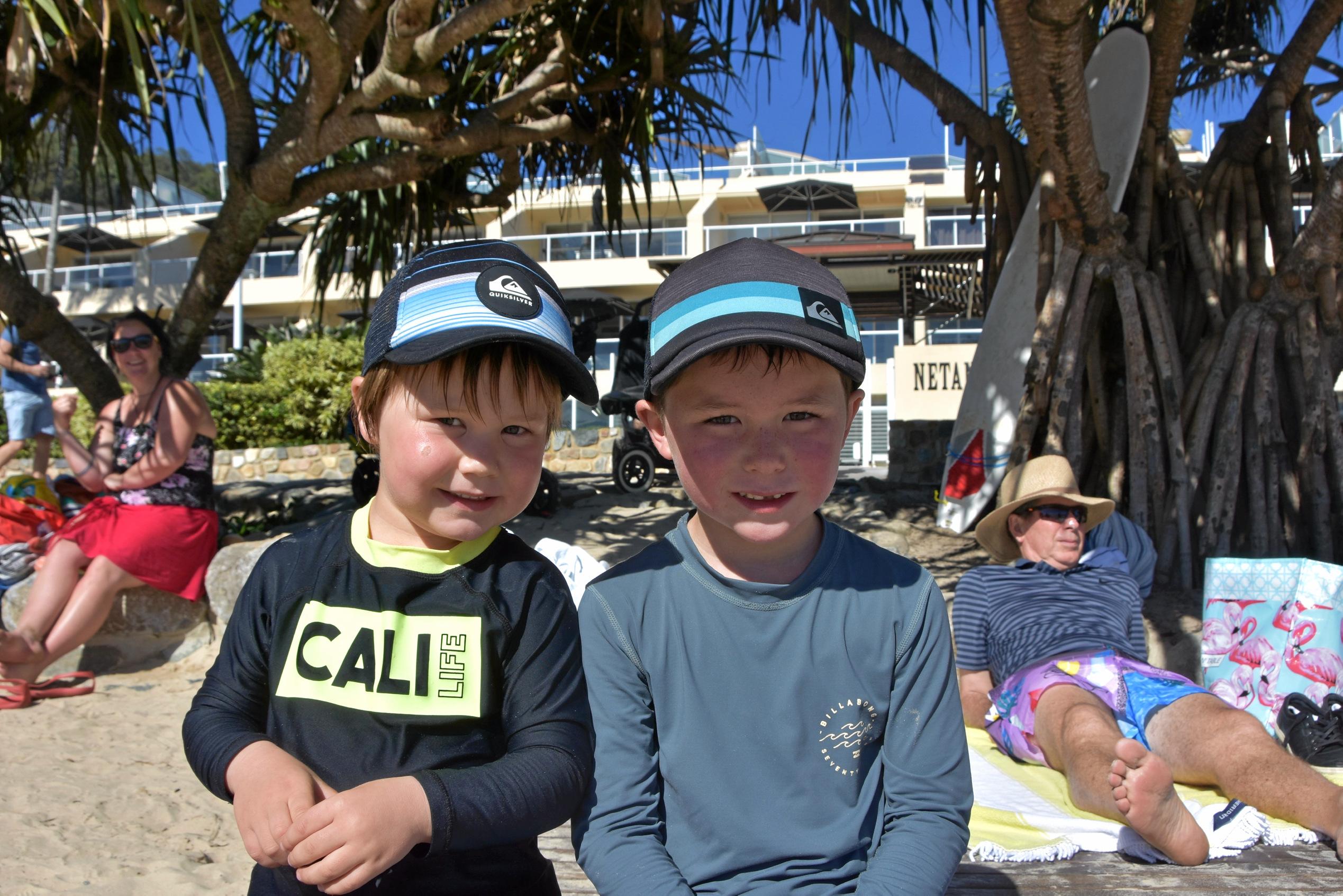 NOOSA HOLIDAYS: Brother's Ollie Huckstep, 3 and Lucas, 6 have travelled all the way to Noosa from Queenstown, New Zealand to escape the cold weather. Picture: Caitlin Zerafa