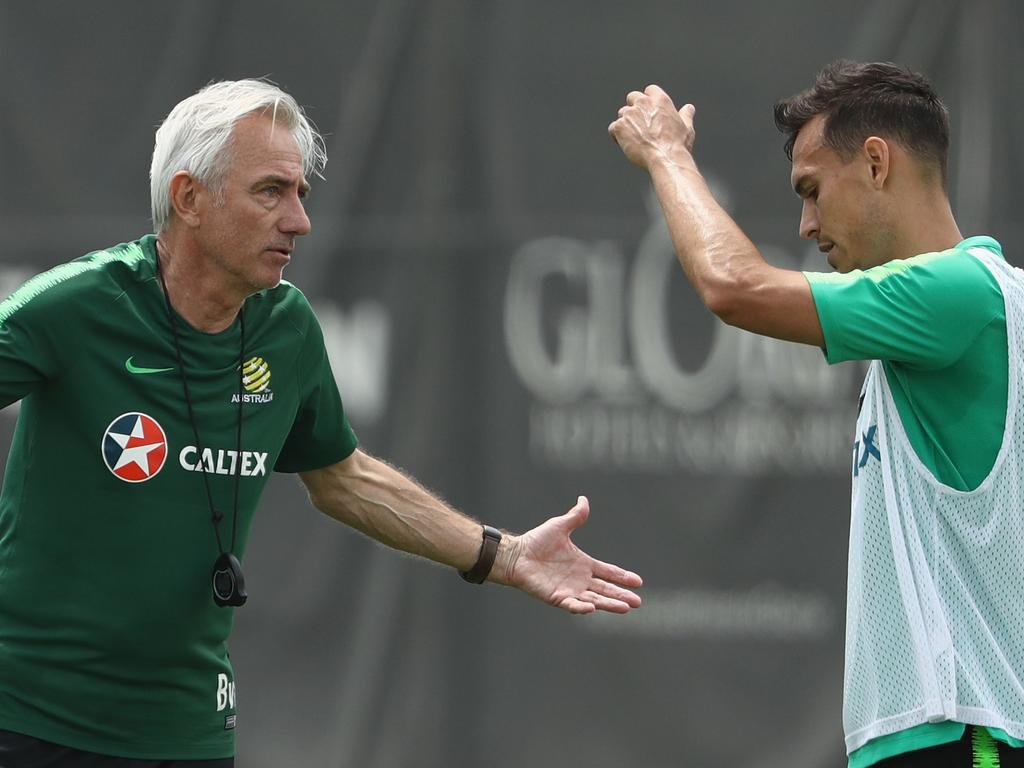 ANTALYA, TURKEY - MAY 25:  Australian head coach Bert van Marwijk speaks with Trent Sainsbury during the Australian Socceroos Training Session at Gloria Football Club on May 25, 2018 in Antalya, Turkey.  (Photo by Robert Cianflone/Getty Images)