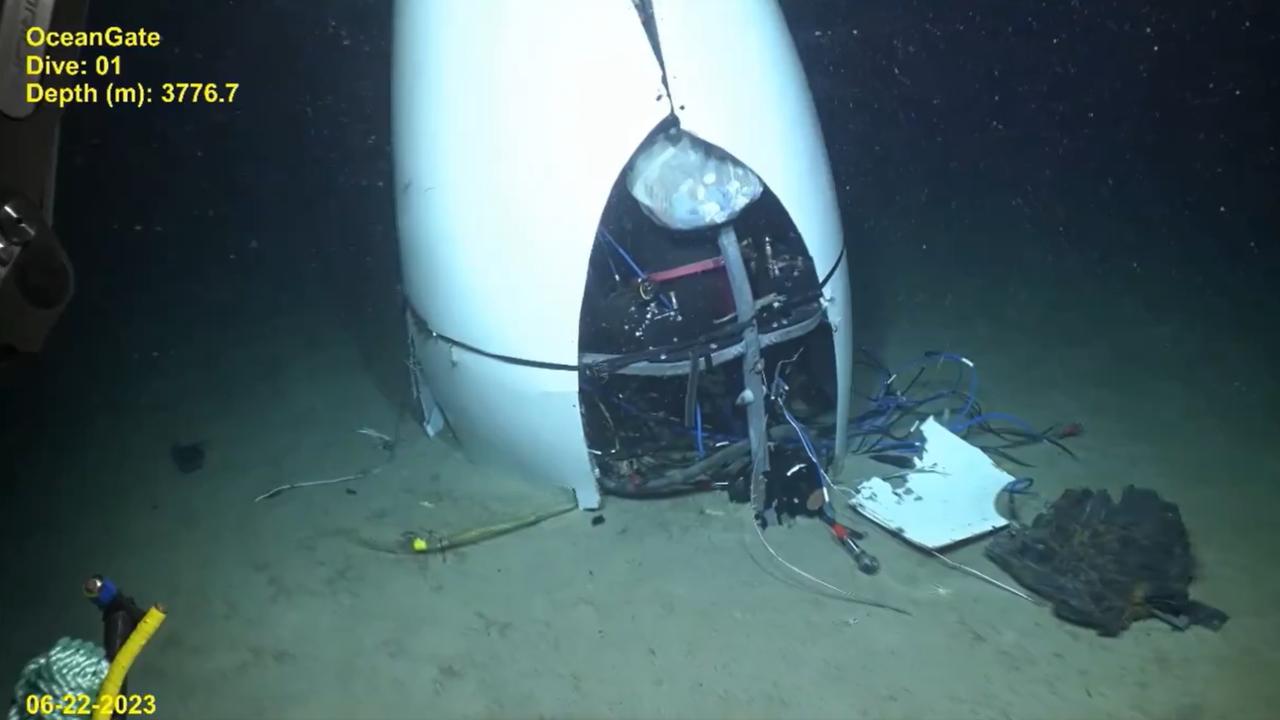 Footage shows the Titan submersible’s tail cone after fatal implosion in June 2023.