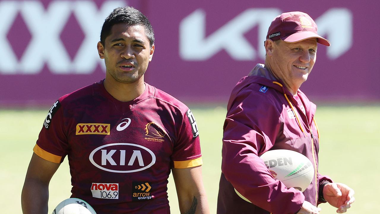 Anthony Milford and Kevin Walters at Broncos training last year. Picture: Liam Kidston