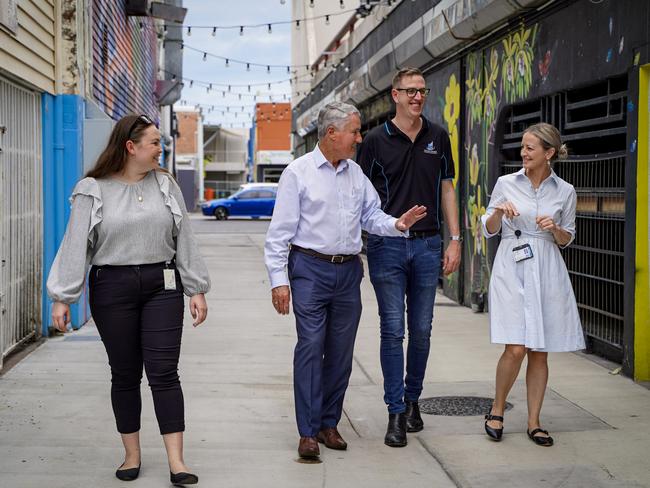 The revamped Fifth Lane will feature small-scale activations on Friday nights during the Festive Season. Exploring the lane is, from left, Mackay City and Waterfront Project support officer Shahli Wright, Mayor Greg Williamson, Chamber of Commerce Management Committee member Scott Jamieson and Mackay City and Waterfront Project manager Kylie Rogers.