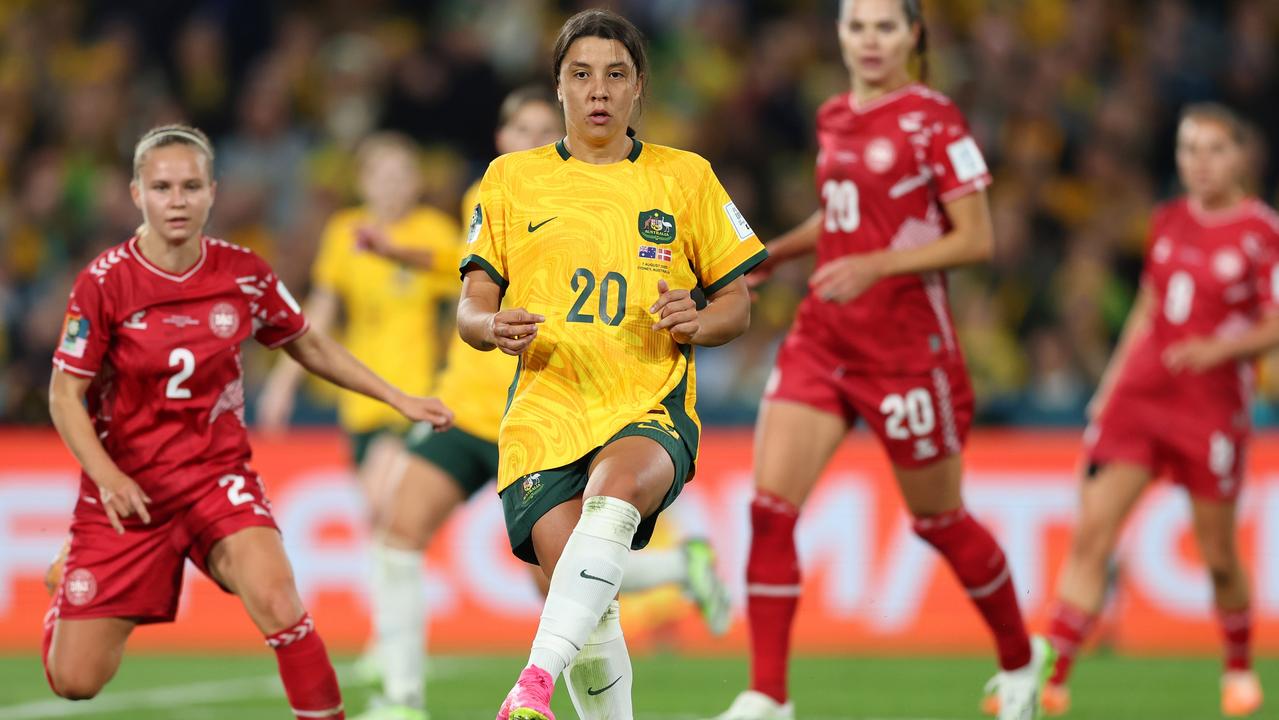 Sam Kerr finally got on the pitch against Denmark. Picture: Matt King – FIFA/FIFA via Getty Images