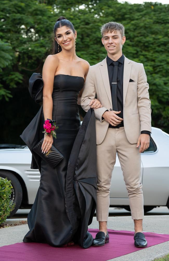 Stella Crumblin and George Finger, graduating class of 2023, arrive at St Patrick’s Formal on Friday, May 5, 2023. Gympie, Queensland. Picture: Christine Schindler