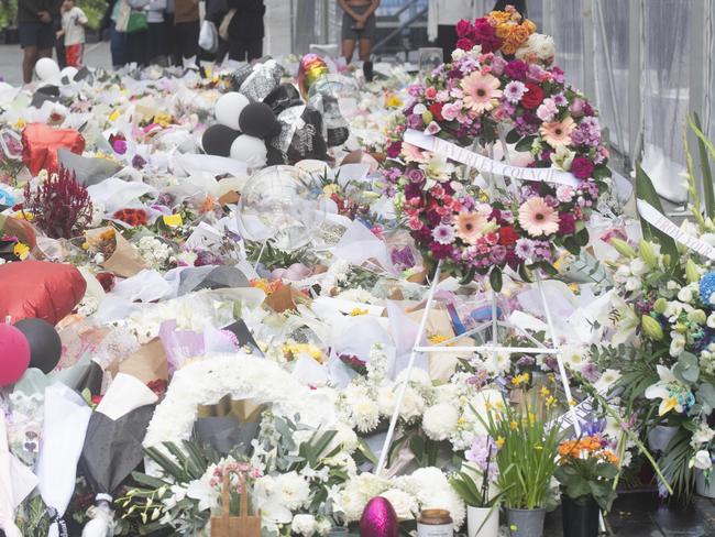 Tributes laid outside Westfield Bondi Junction in the days following the attack. Picture: NewsWire / Jeremy Piper