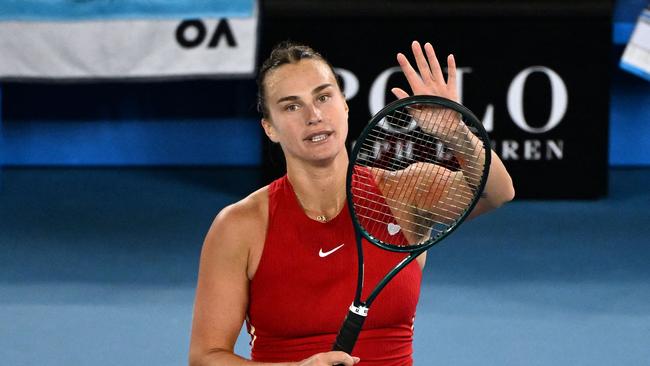 Belarus' Aryna Sabalenka celebrates after victory against Germany's Ella Seidel in their women's singles match on day one of the Australian Open tennis tournament in Melbourne on January 15, 2024. (Photo by WILLIAM WEST / AFP) / -- IMAGE RESTRICTED TO EDITORIAL USE - STRICTLY NO COMMERCIAL USE --