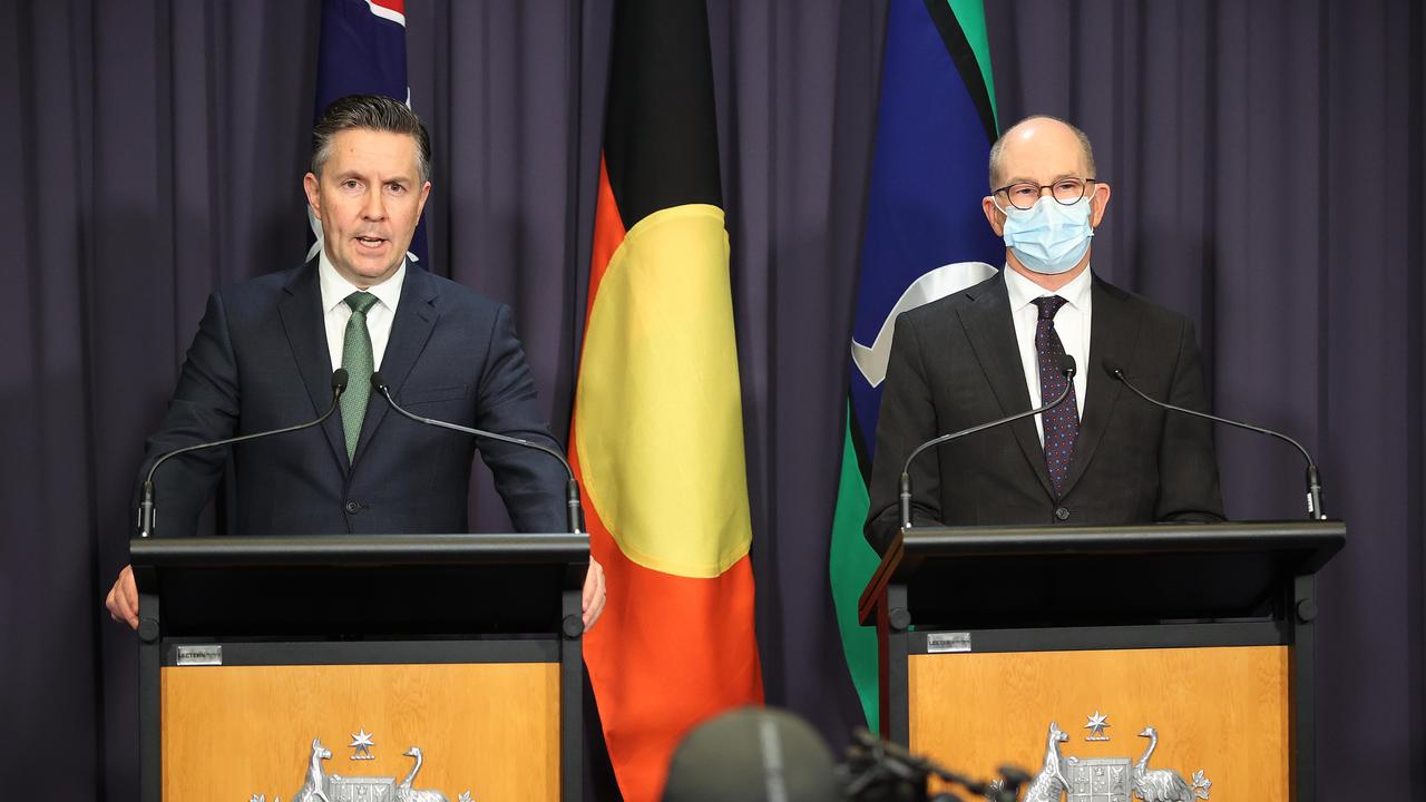 Health Minister Mark Butler and chief medical officer Paul Kelly spoke to the media on the growing numbers of Covid-19 cases on Tuesday. Picture: NCA NewsWire/Gary Ramage