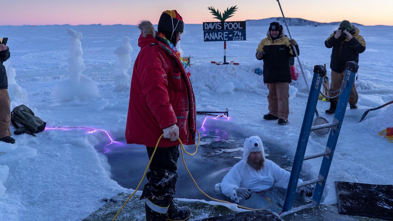 An earlier Davis team prepares for the Winter Solstice dip in Antarctica. Picture: Tiarnan Colgan/AAD