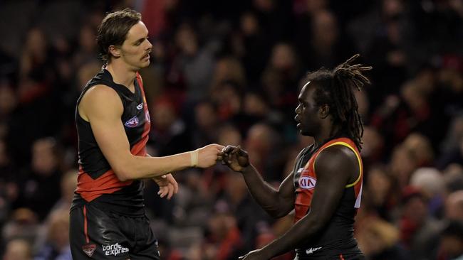 Joe Daniher and Anthony McDonald-Tipungwuti celebrate a goal. Picture: AAP Images