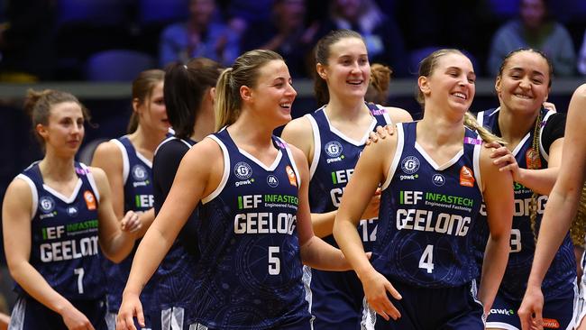 Geelong United celebrate victory in their round two match against Southside Flyers. Picture: Graham Denholm/Getty Images