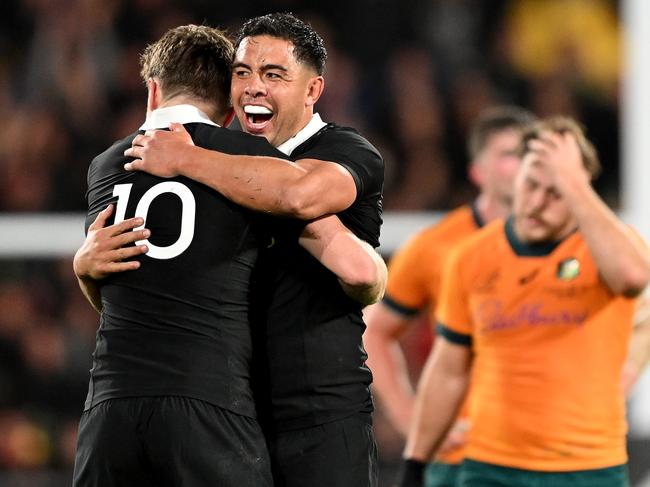 WELLINGTON, NEW ZEALAND - SEPTEMBER 28: Anton Lienert-Brown celebrates with Beauden Barrett of New Zealand during The Rugby Championship & Bledisloe Cup match between New Zealand All Blacks and Australia Wallabies at Sky Stadium on September 28, 2024 in Wellington, New Zealand. (Photo by Hannah Peters/Getty Images)