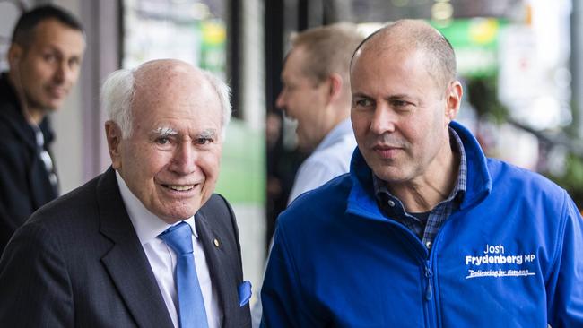 Former prime minister John Howard hit the hustings with Treasurer Josh Frydenberg in Melbourne seat of Kooyong. Picture: Aaron Francis / The Australian