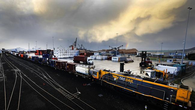 A TasRail train at the port of Burnie. Picture: Chris Kidd