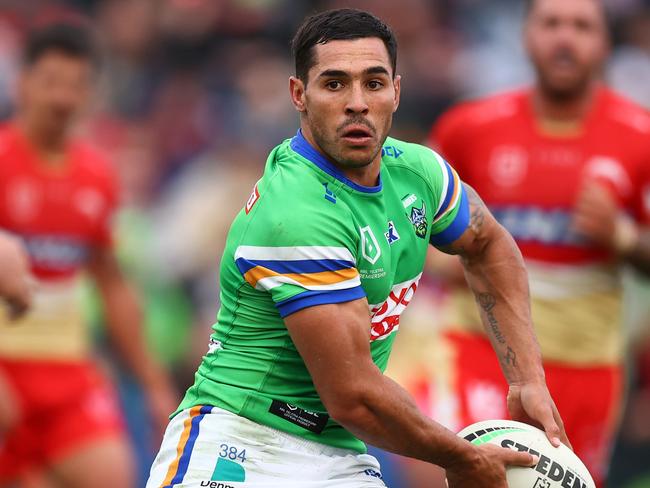 WAGGA WAGGA, AUSTRALIA - APRIL 29: Jamal Fogarty of the Raiders in action during the round nine NRL match between the Canberra Raiders and Dolphins at McDonalds Park on April 29, 2023 in Wagga Wagga, Australia. (Photo by Mark Nolan/Getty Images)