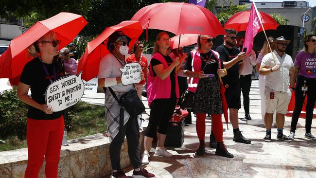 Union members speaking outside 1 William Street in the Brisbane CBD on Wednesday. Picture: NCA NewsWire/Tertius Pickard