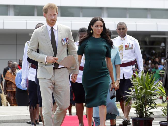 Harry and Meghan attend a statue unveiling at Nadi Airport. Picture: AP