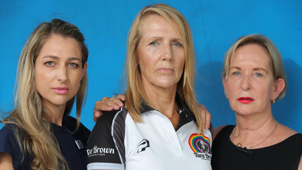 LNP Currumbin candidate Laura Gerber with Tara Brown’s mother Natalie Hinton and LNP Shadow Health Minister Ros Bates. Picture: Glenn Hampson.