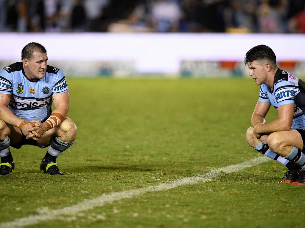 Paul Gallen and Chad Townsend of the Sharks react following their loss to the Dragons in the Round 3 of 2017. Picture: AAP Image/Dan Himbrechts