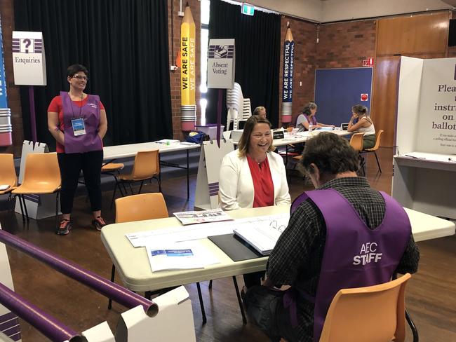 Fiona Phillips sits down to vote in Bomaderry on Saturday afternoon.