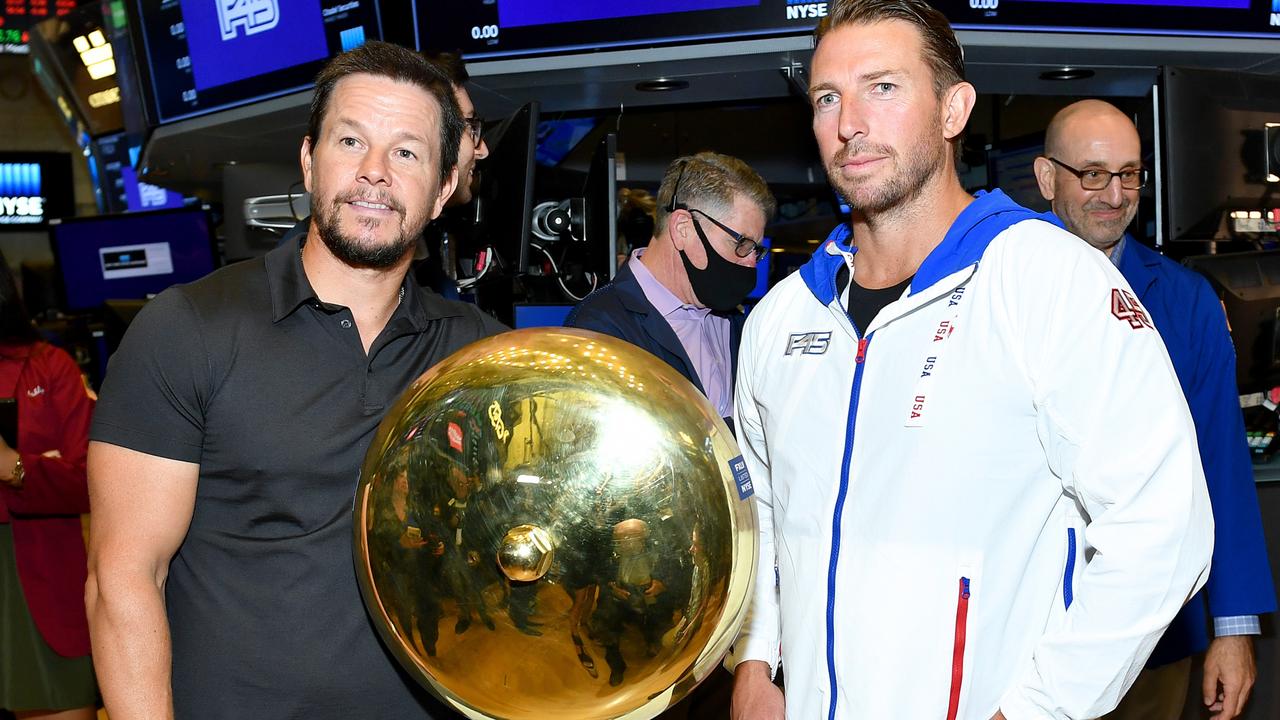 Mark Wahlberg (L) and F45 founder and CEO Adam Gilchrist on the trading floor at the New York Stock Exchange in July 2021. Picture: Noam Galai/Getty Images for F45 Training