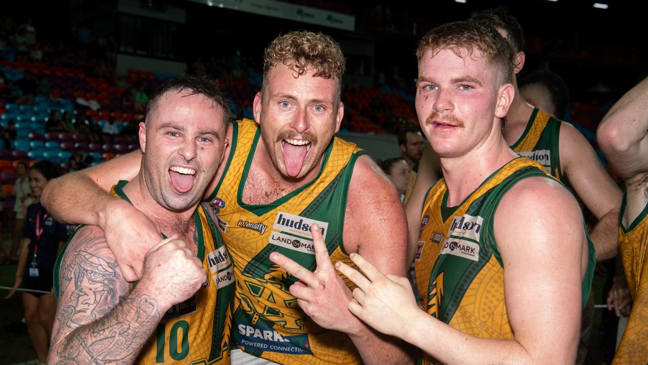 Jack Landt, Jackson Calder and Seth Harris celebrates their win in the 2023-24 NTFL Men's Grand Final between Nightcliff and St Mary's. Picture: Pema Tamang Pakhrin