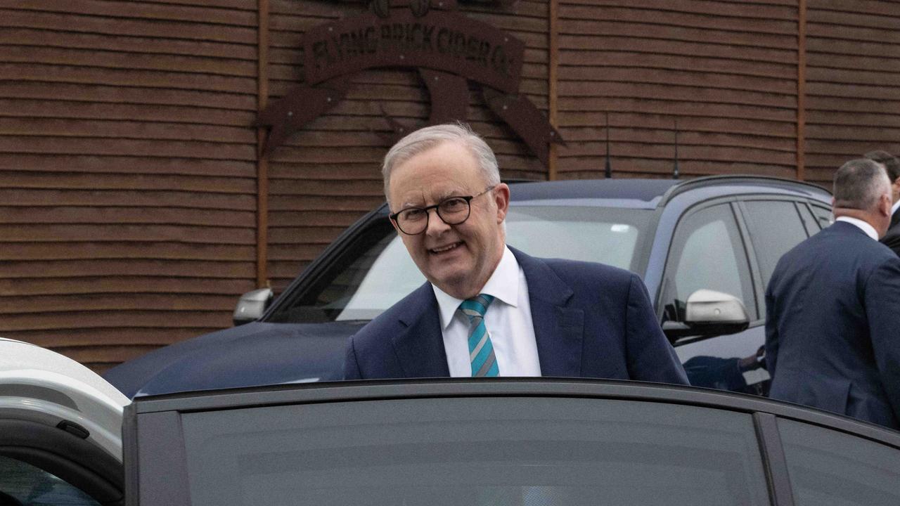 Prime Minister Anthony Albanese visits Flying Brick Cider Co on the Bellarine Peninsula. Picture: Brad Fleet