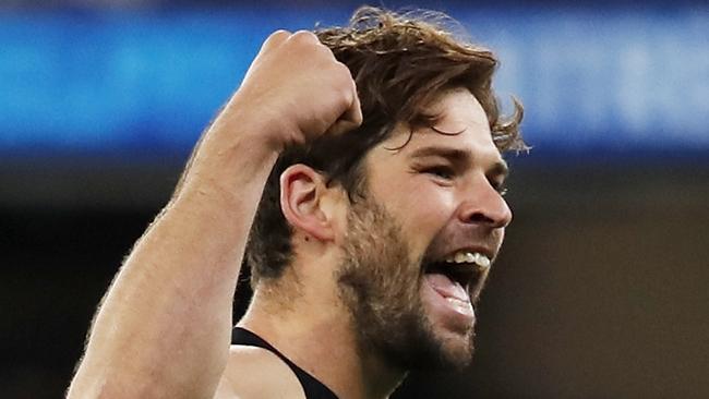 MELBOURNE, AUSTRALIA - APRIL 17: Levi Casboult of the Blues celebrates a goal during the 2021 AFL Round 05 match between the Carlton Blues and the Port Adelaide Power at the Melbourne Cricket Ground on April 17, 2021 in Melbourne, Australia. (Photo by Dylan Burns/AFL Photos via Getty Images)