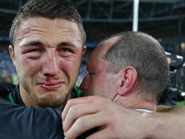 South Sydney's Sam Burgess and Michael Maguire during the 2014 NRL Grand Final between the South Sydney Rabbitohs and the Canterbury Bankstown Bulldogs at ANZ Stadium .Picture Gregg Porteous